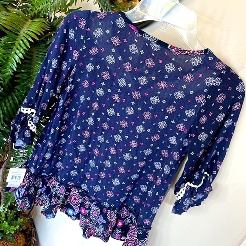 Brand New Self Esteem Blue Peasant Top w/ Lace Accent Ruffle Boho Blouse - Picture 7 of 13